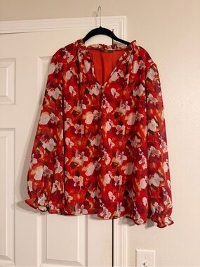 Floral Red Long-Sleeve V-Neck Blouse